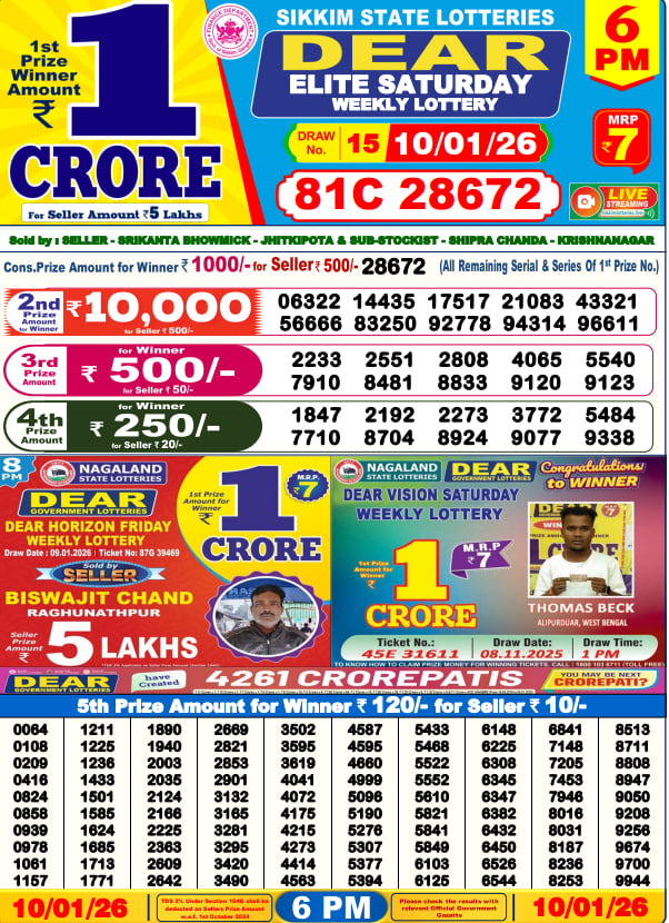 Dear Lottery Result Today(10-01-2026) |6PM