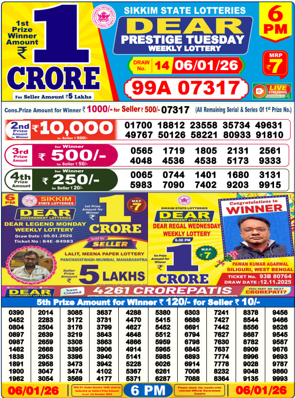 Dear Lottery Result Today(06-01-2026) | 6 PM