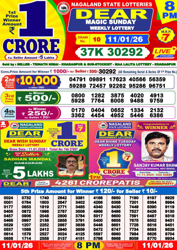 Dear Lottery Result Today(11-01-2026) |8PM