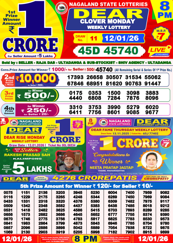 Dear Lottery Result Today(12-01-2026) |8PM