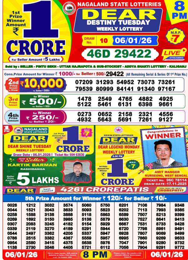 Dear Lottery Result Today(06-01-2026) | 8 PM