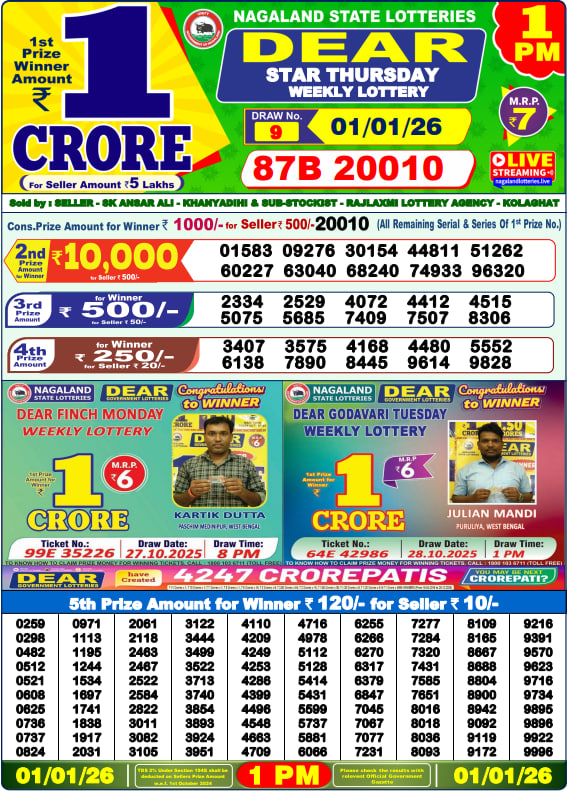 Dear Lottery Result Today(01-01-2026) | 1 PM