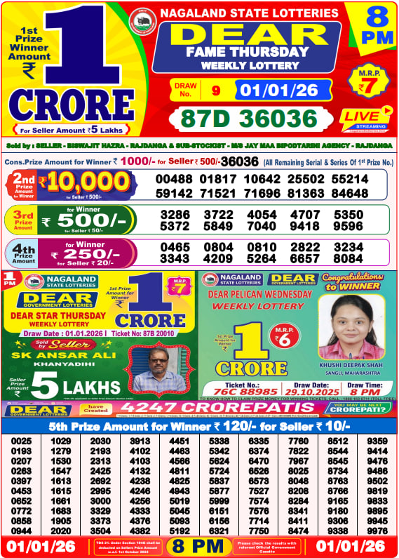 Dear Lottery Result Today(01-01-2026) | 8 PM