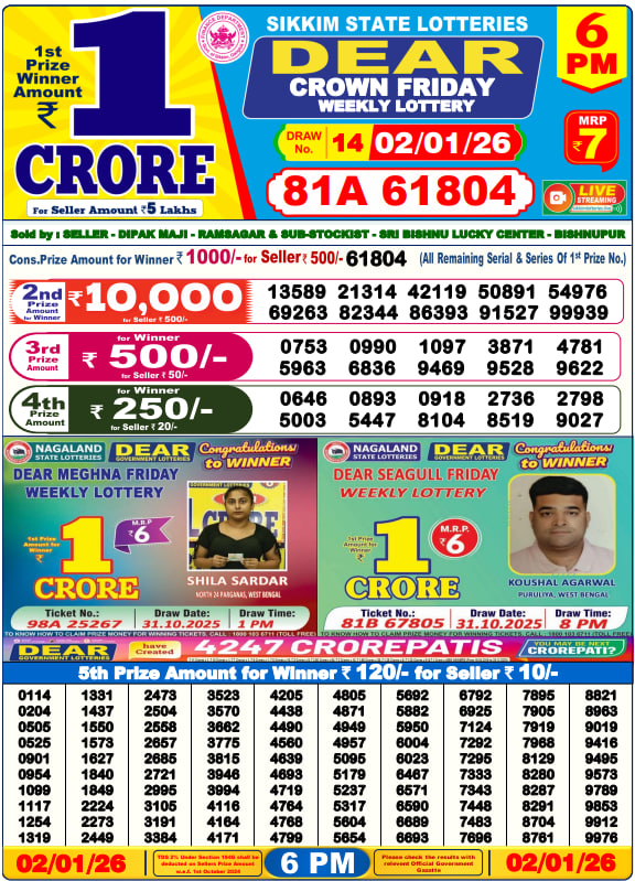 Dear Lottery Result Today(02-01-2026) | 6 PM
