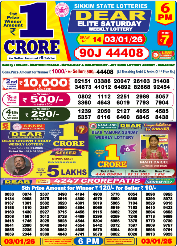 Dear Lottery Result Today(03-01-2026) | 6 PM