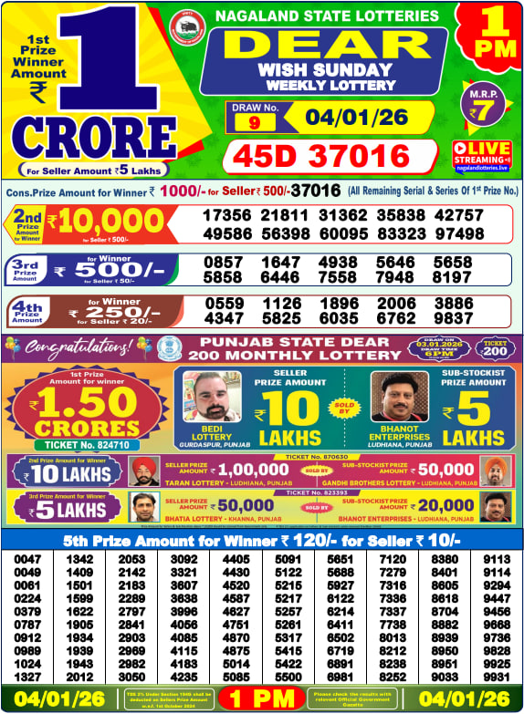 Dear Lottery Result Today(04-01-2026) | 1 PM