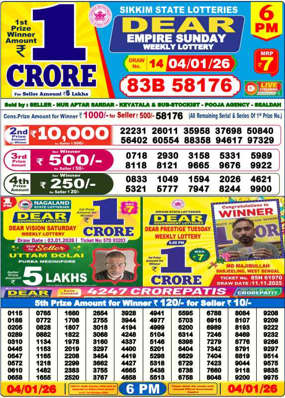 Dear Lottery Result Today(04-01-2026) | 6 PM