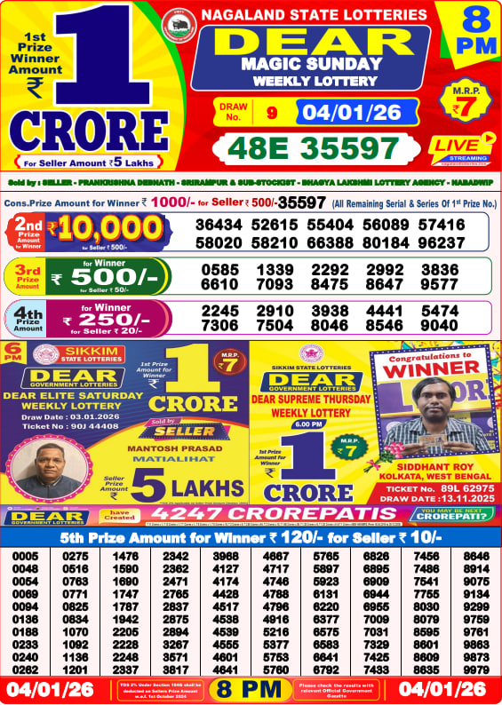 Dear Lottery Result Today(04-01-2026) | 8 PM