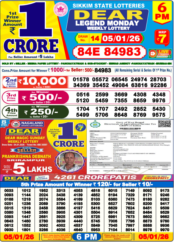 Dear Lottery Result Today(05-01-2026) | 6 PM