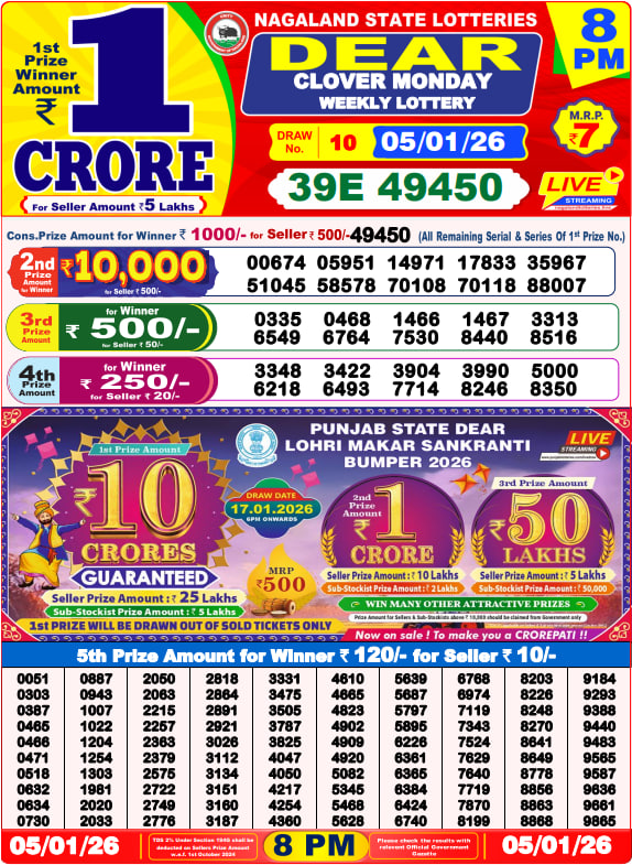 Dear Lottery Result Today(05-01-2026) | 8 PM