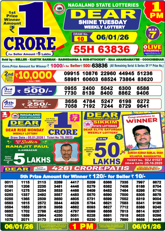 Dear Lottery Result Today(06-01-2026) | 1 PM