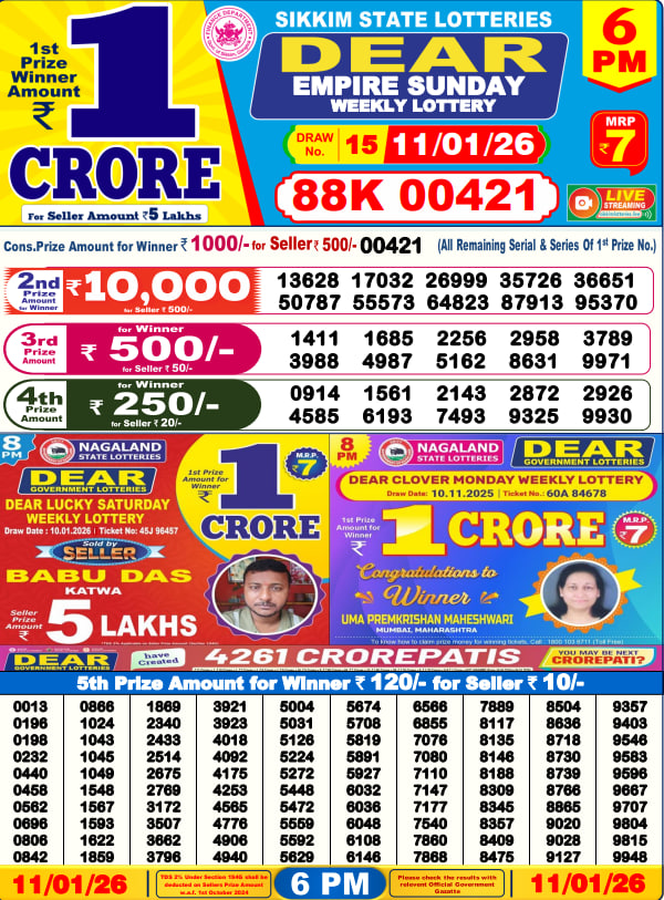 Dear Lottery Result Today(11-01-2026) |6PM
