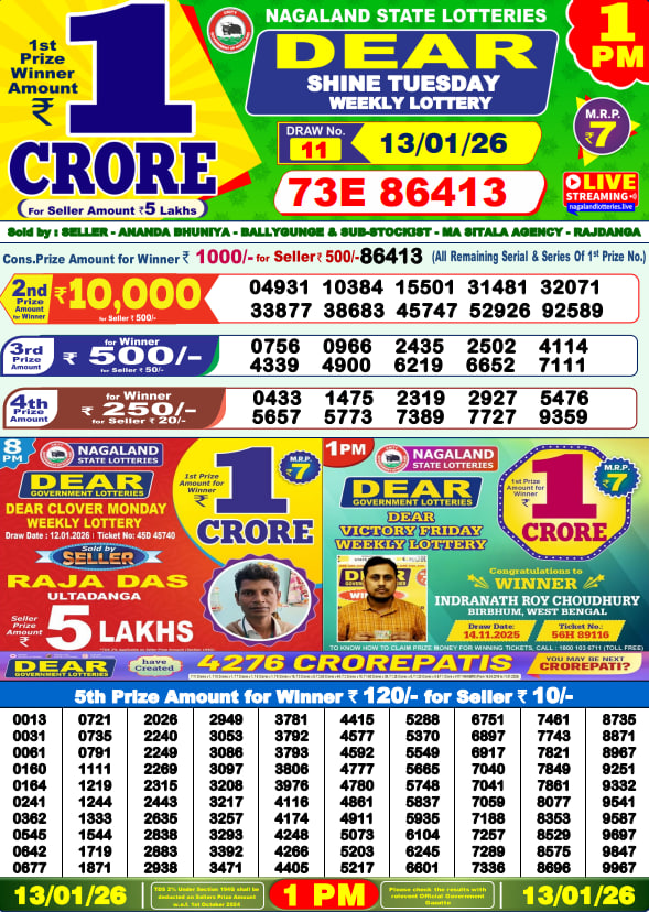 Dear Lottery Result Today(13-01-2026) |8PM